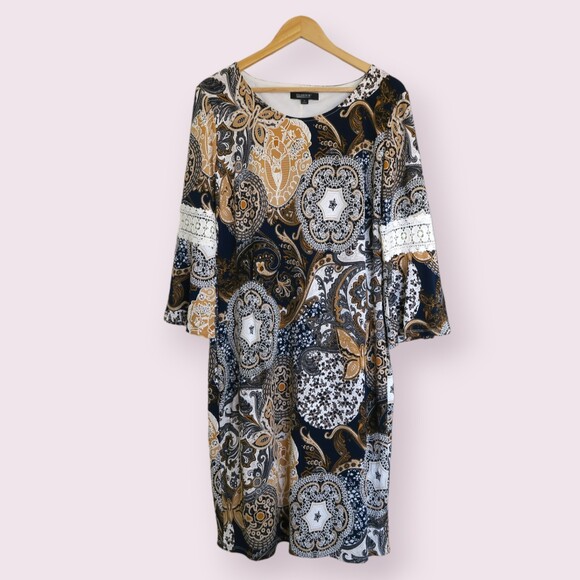 GLAMOUR Floral Dress Sz 16 Midi Abstract Lace Details Knee Modest Brown Stretch - Picture 9 of 10